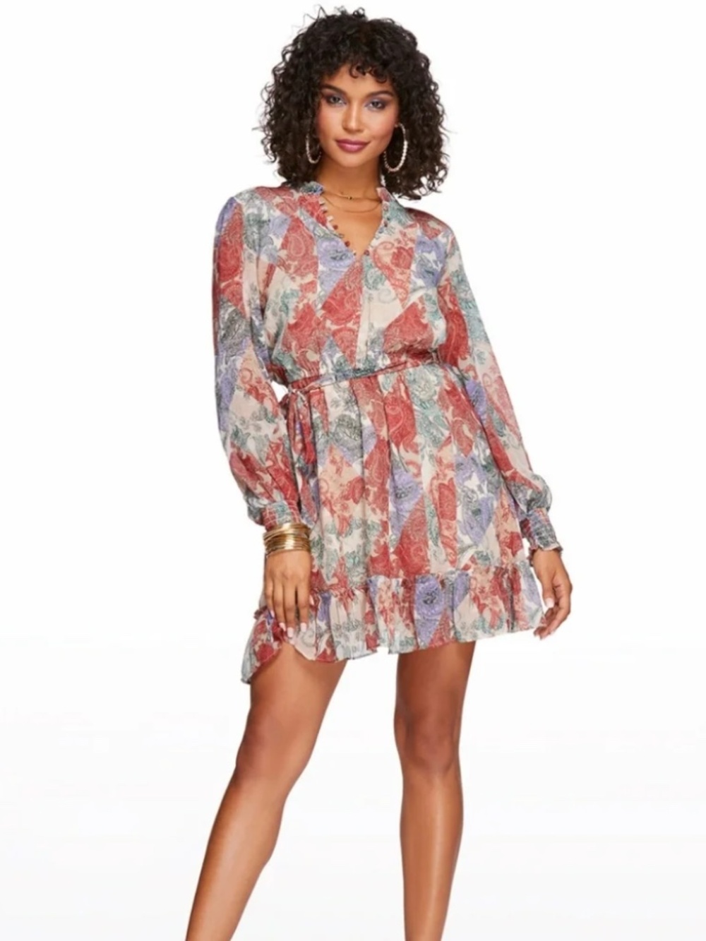 NWT Jessica Simpson Paisley Patch Long Sleeve Tie-Waist Zephyr Dress Size Medium